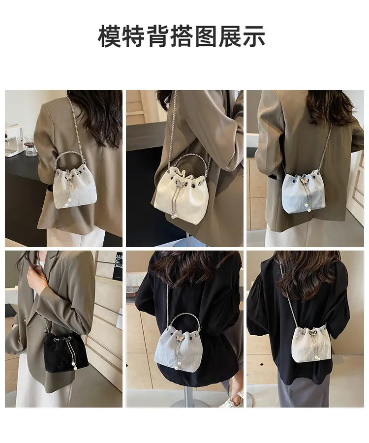 Black Velvet Bucket Bag with Chain & Pearl Detail — feature 8