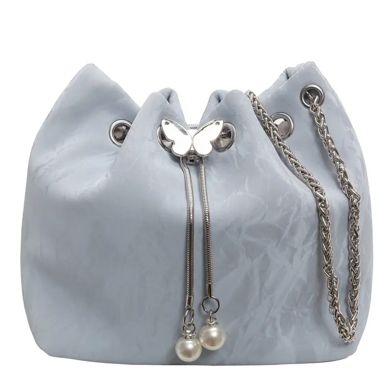 Black Velvet Bucket Bag with Chain & Pearl Detail - Image 2