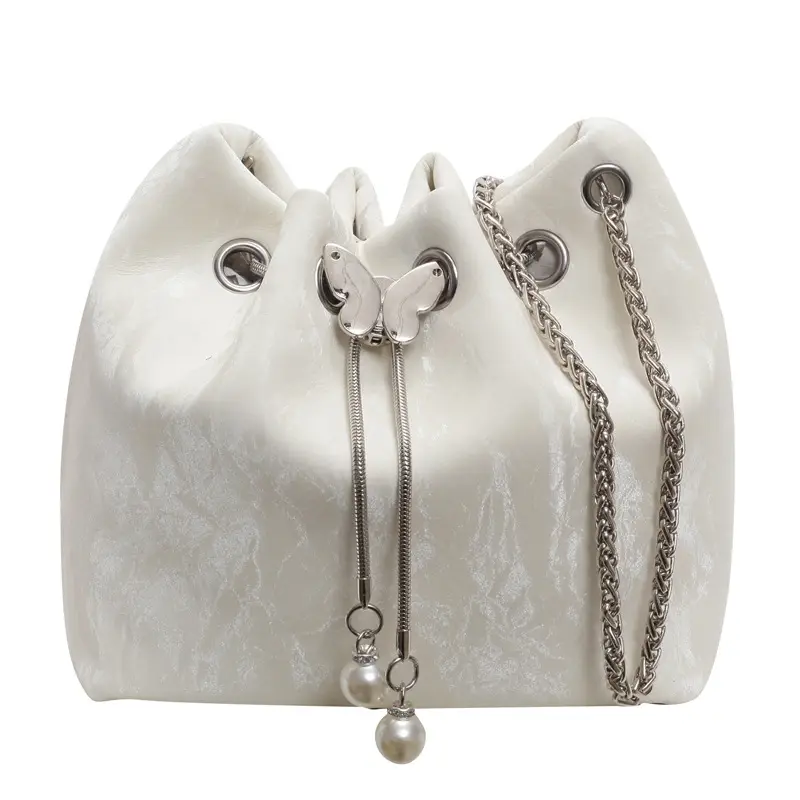 Black Velvet Bucket Bag with Chain & Pearl Detail - Image 3