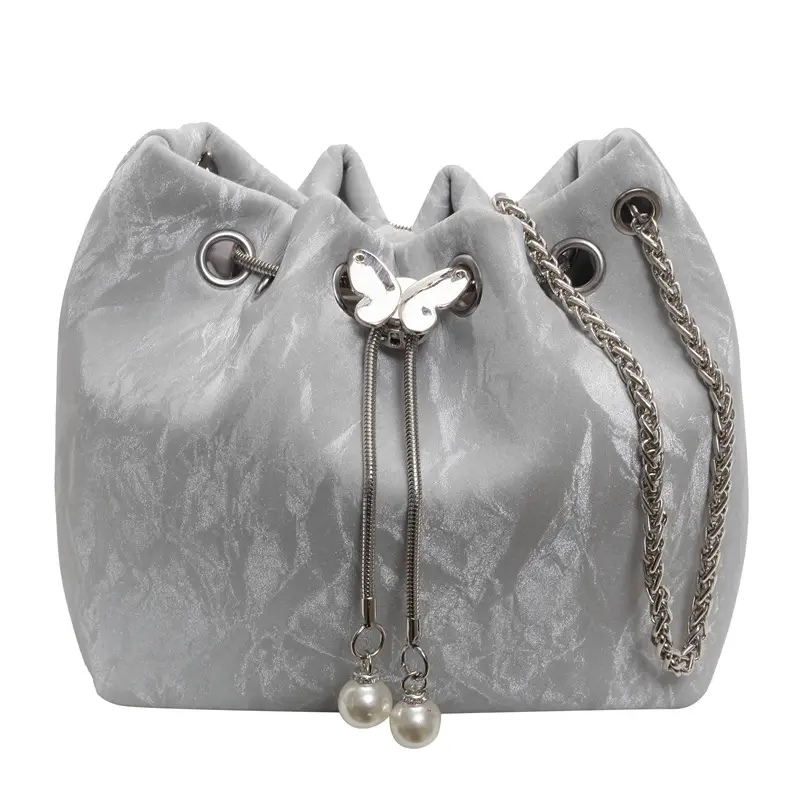 Black Velvet Bucket Bag with Chain & Pearl Detail - Image 4