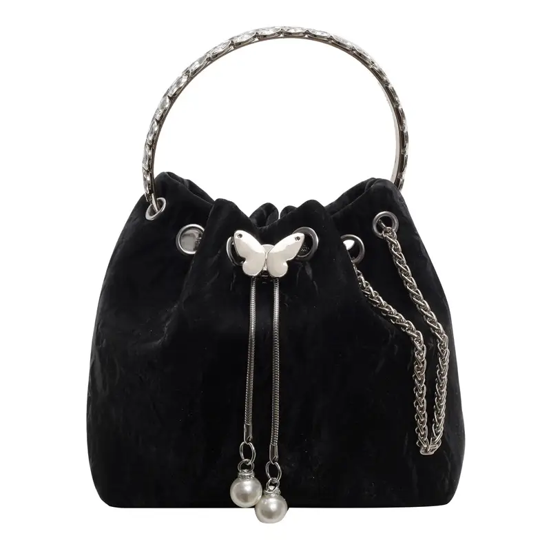 Black Velvet Bucket Bag with Chain & Pearl Detail - Image 5