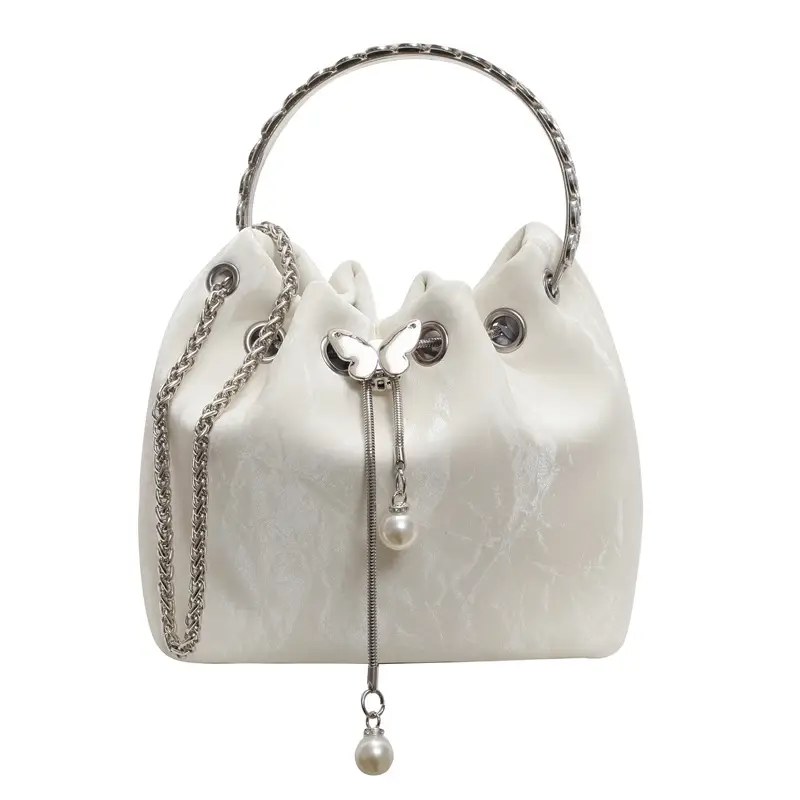 Black Velvet Bucket Bag with Chain & Pearl Detail - Image 7