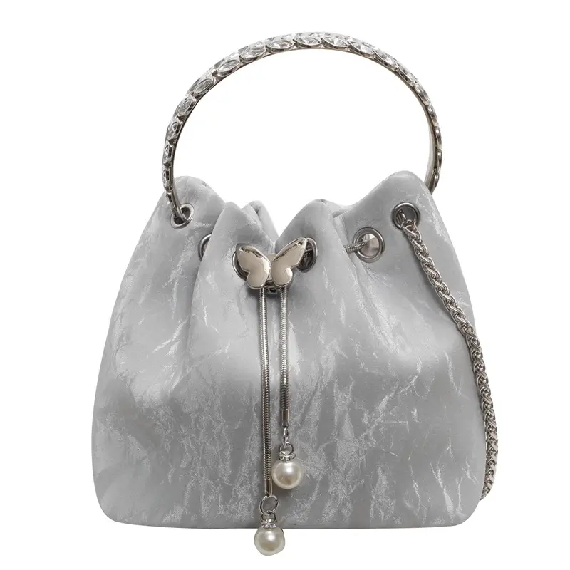 Black Velvet Bucket Bag with Chain & Pearl Detail - Image 8