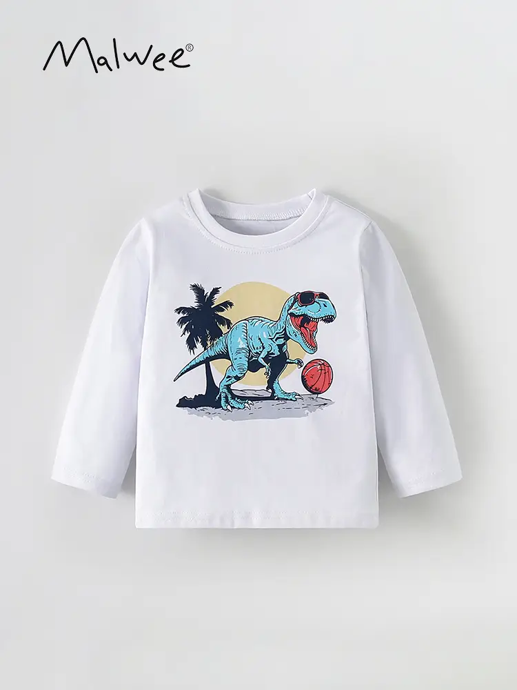 Malwee Boys T-Shirt White Dinosaur Print Long Sleeve - Image 7