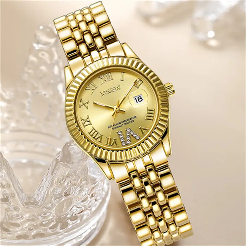 Women's Gold Date Quartz Wrist Watch with Green Dial - Image 7