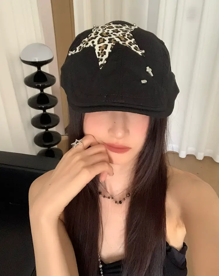 Retro Spice Girl Cap with Star Leopard Print — feature 7