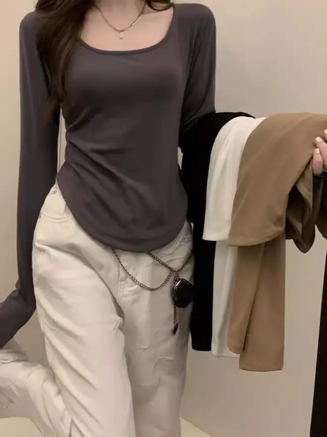 Long-Sleeved T-Shirt Women's Autumn and Winter New Trbottomy Ins Asymmetrical Slim Student Casual Short Top Girl's Bottoming Shirt - Image 6
