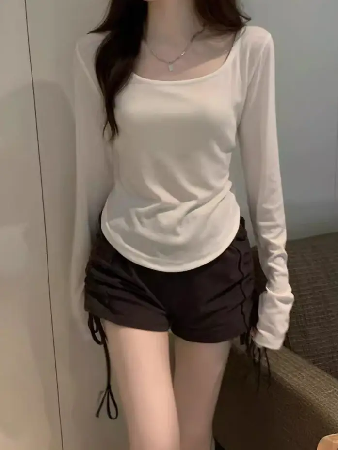 Long-Sleeved T-Shirt Women's Autumn and Winter New Trbottomy Ins Asymmetrical Slim Student Casual Short Top Girl's Bottoming Shirt - Image 8
