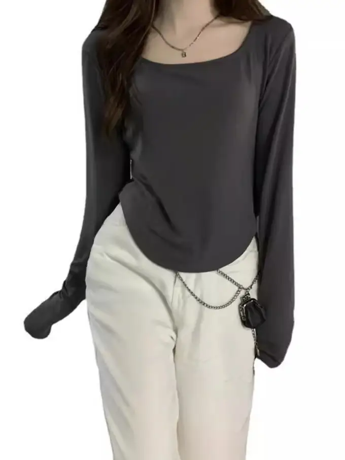 Long-Sleeved T-Shirt Women's Autumn and Winter New Trbottomy Ins Asymmetrical Slim Student Casual Short Top Girl's Bottoming Shirt - Image 10