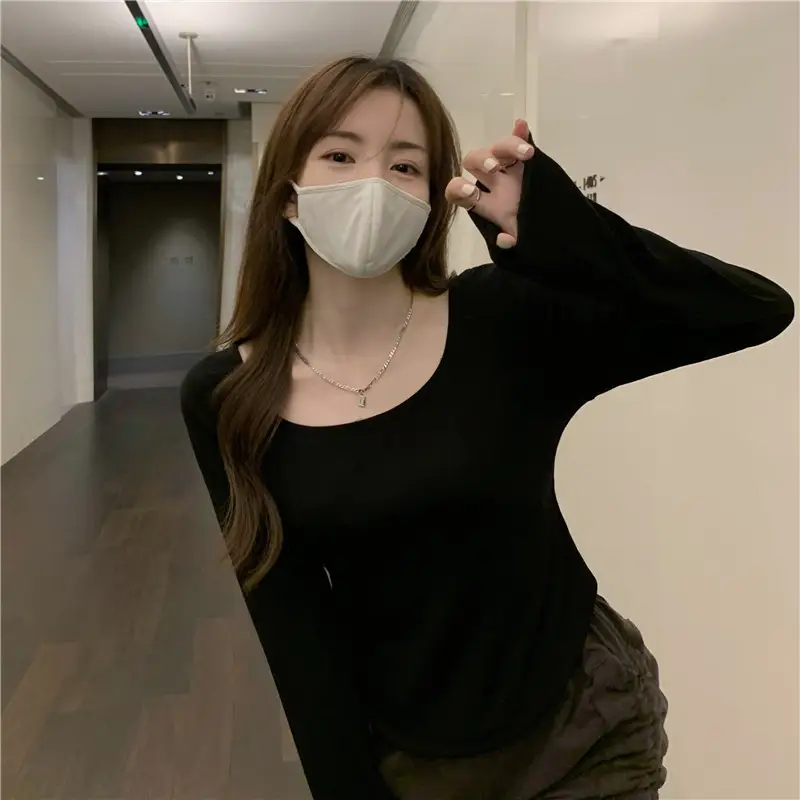 Long-Sleeved T-Shirt Women's Autumn and Winter New Trbottomy Ins Asymmetrical Slim Student Casual Short Top Girl's Bottoming Shirt — feature 11