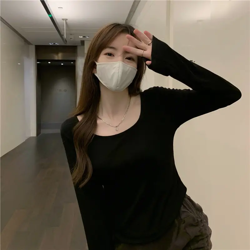 Long-Sleeved T-Shirt Women's Autumn and Winter New Trbottomy Ins Asymmetrical Slim Student Casual Short Top Girl's Bottoming Shirt — feature 12