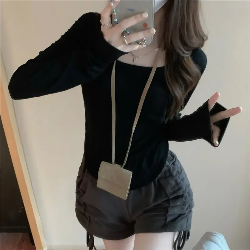 Long-Sleeved T-Shirt Women's Autumn and Winter New Trbottomy Ins Asymmetrical Slim Student Casual Short Top Girl's Bottoming Shirt — feature 13