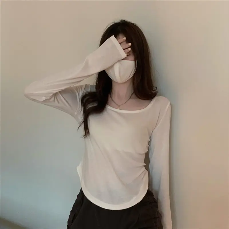 Long-Sleeved T-Shirt Women's Autumn and Winter New Trbottomy Ins Asymmetrical Slim Student Casual Short Top Girl's Bottoming Shirt — feature 16