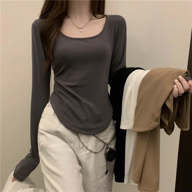 Long-Sleeved T-Shirt Women's Autumn and Winter New Trbottomy Ins Asymmetrical Slim Student Casual Short Top Girl's Bottoming Shirt — feature 4
