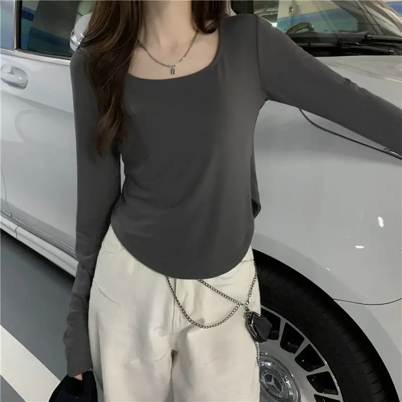 Long-Sleeved T-Shirt Women's Autumn and Winter New Trbottomy Ins Asymmetrical Slim Student Casual Short Top Girl's Bottoming Shirt — feature 5