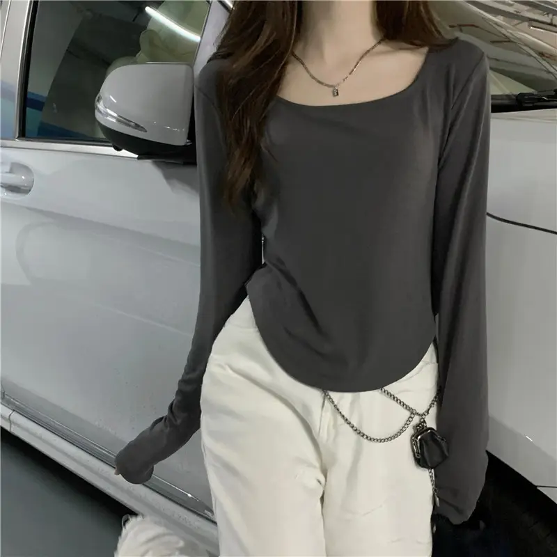 Long-Sleeved T-Shirt Women's Autumn and Winter New Trbottomy Ins Asymmetrical Slim Student Casual Short Top Girl's Bottoming Shirt — feature 6