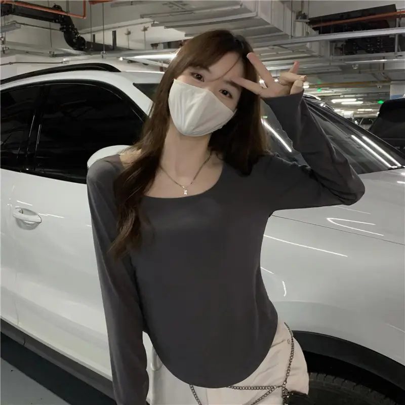 Long-Sleeved T-Shirt Women's Autumn and Winter New Trbottomy Ins Asymmetrical Slim Student Casual Short Top Girl's Bottoming Shirt — feature 7