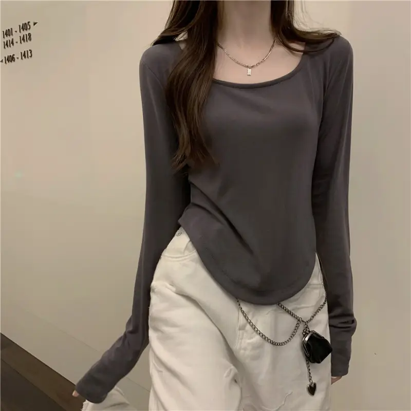 Long-Sleeved T-Shirt Women's Autumn and Winter New Trbottomy Ins Asymmetrical Slim Student Casual Short Top Girl's Bottoming Shirt — feature 8