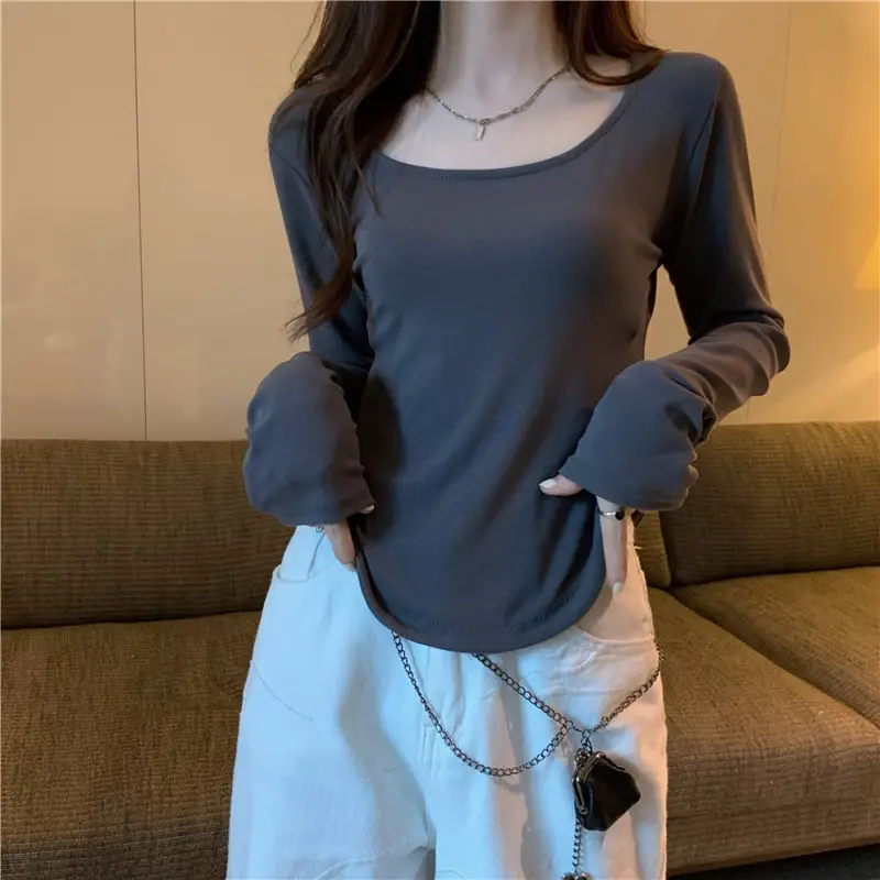Long-Sleeved T-Shirt Women's Autumn and Winter New Trbottomy Ins Asymmetrical Slim Student Casual Short Top Girl's Bottoming Shirt — feature 9