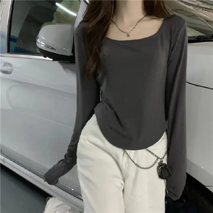 Long-Sleeved T-Shirt Women's Autumn and Winter New Trbottomy Ins Asymmetrical Slim Student Casual Short Top Girl's Bottoming Shirt - Image 2