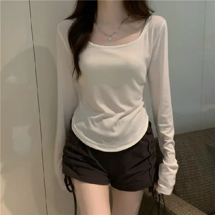 Long-Sleeved T-Shirt Women's Autumn and Winter New Trbottomy Ins Asymmetrical Slim Student Casual Short Top Girl's Bottoming Shirt - Image 3