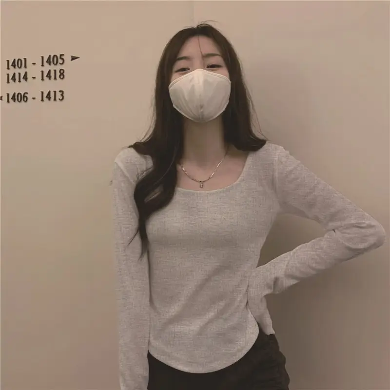 Long-Sleeved T-Shirt Women's Autumn and Winter New Trbottomy Ins Asymmetrical Slim Student Casual Short Top Girl's Bottoming Shirt - Image 5