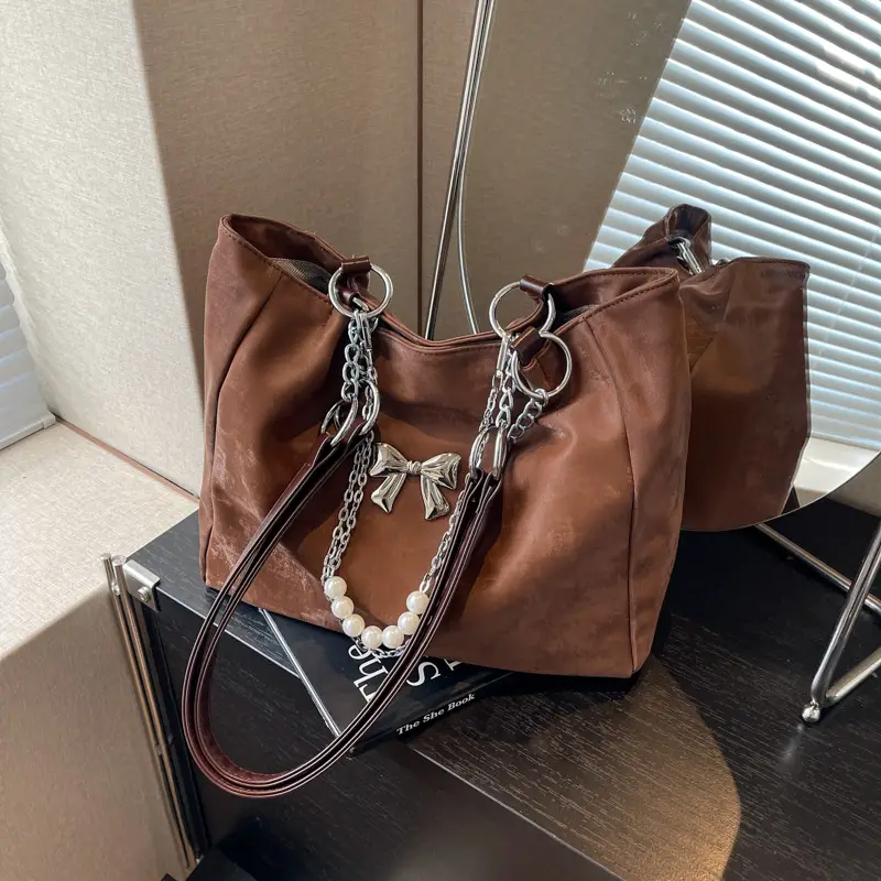 Brown Leather Chain Tote Bag for Women 2024 - Image 2