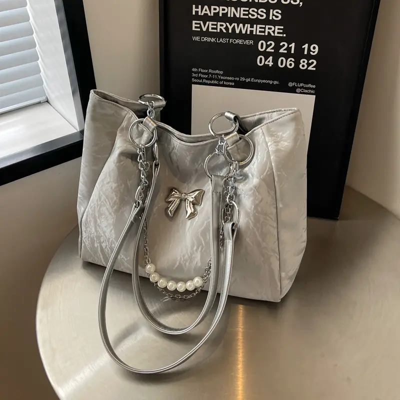 Brown Leather Chain Tote Bag for Women 2024 - Image 3