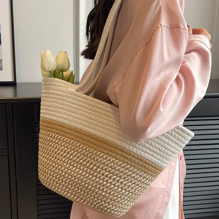 Women Large Straw Beach Tote Bag Beige - Image 9