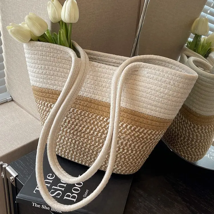 Women Large Straw Beach Tote Bag Beige - Image 10