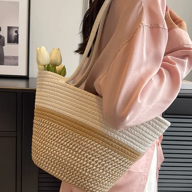 Women Large Straw Beach Tote Bag Beige - Image 11