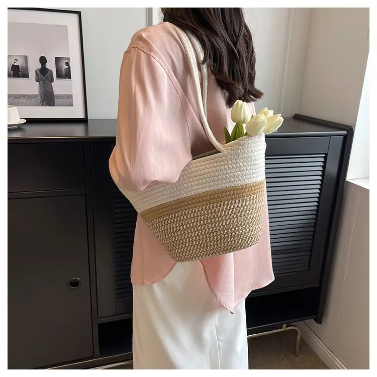 Women Large Straw Beach Tote Bag Beige — feature 12