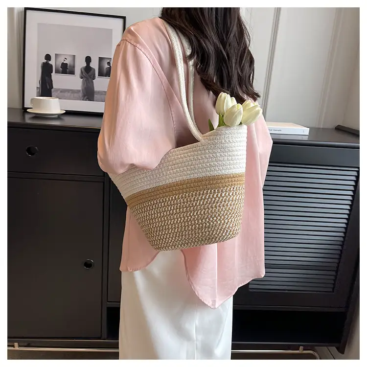 Women Large Straw Beach Tote Bag Beige — feature 13
