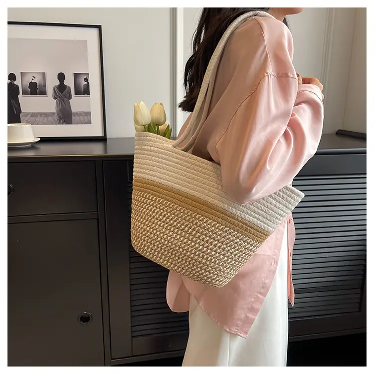 Women Large Straw Beach Tote Bag Beige — feature 15