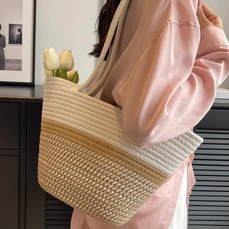 Women Large Straw Beach Tote Bag Beige — feature 19