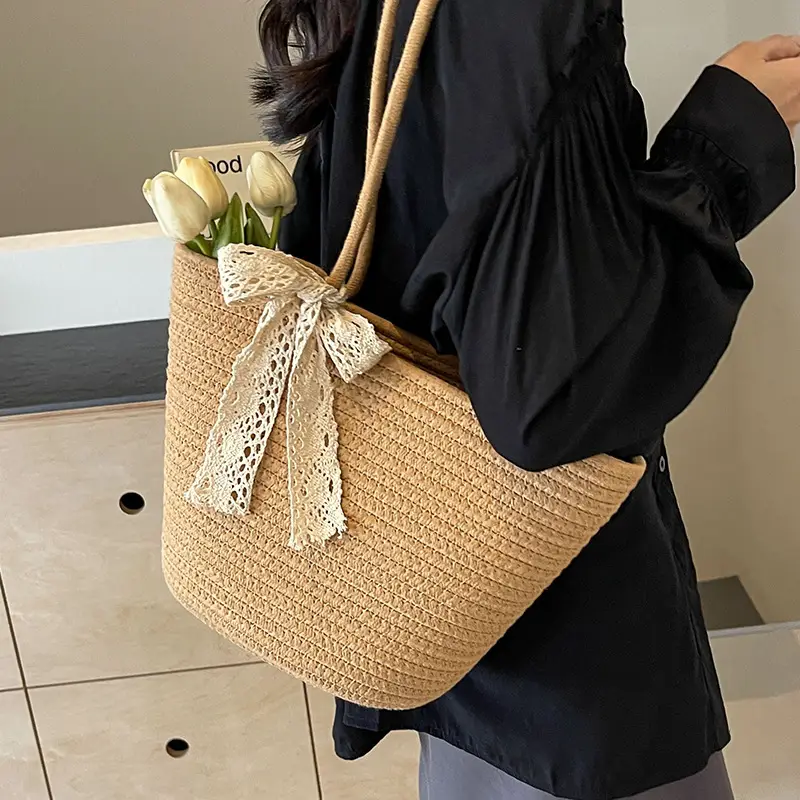 Women Large Straw Beach Tote Bag Beige - Image 3