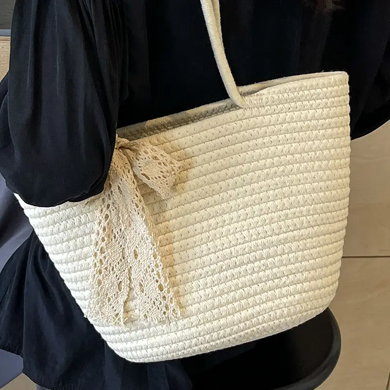 Women Large Straw Beach Tote Bag Beige - Image 4
