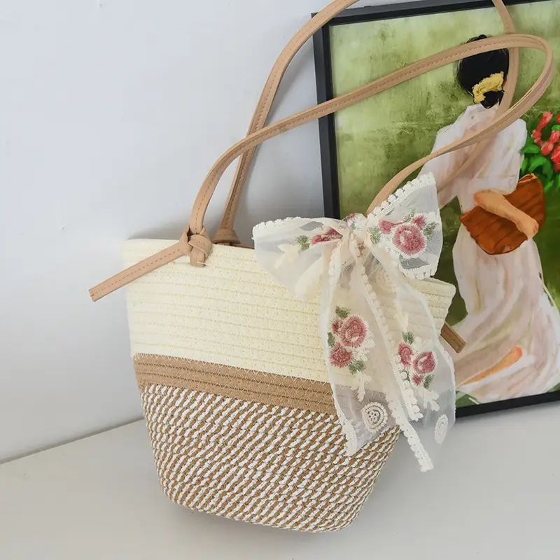 Women Large Straw Beach Tote Bag Beige - Image 5