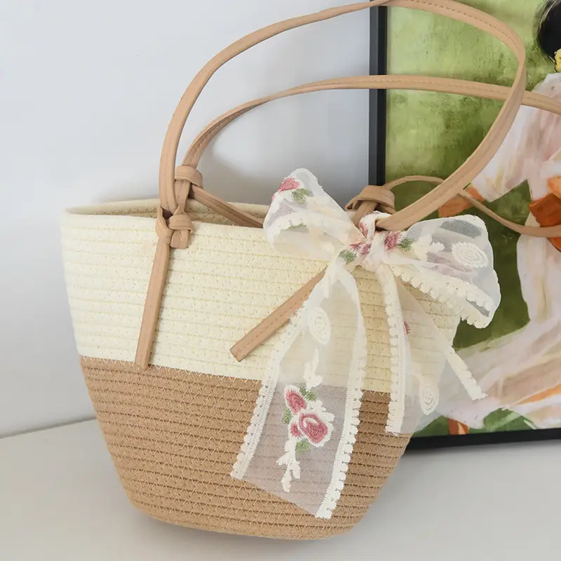 Women Large Straw Beach Tote Bag Beige - Image 6