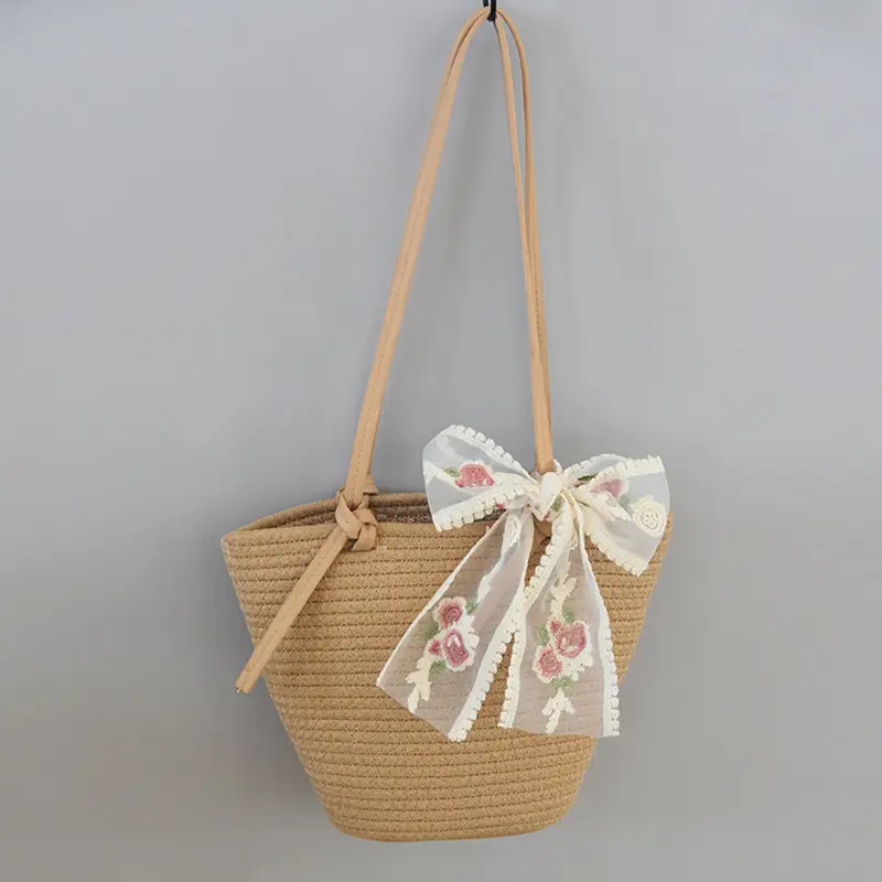 Women Large Straw Beach Tote Bag Beige - Image 7