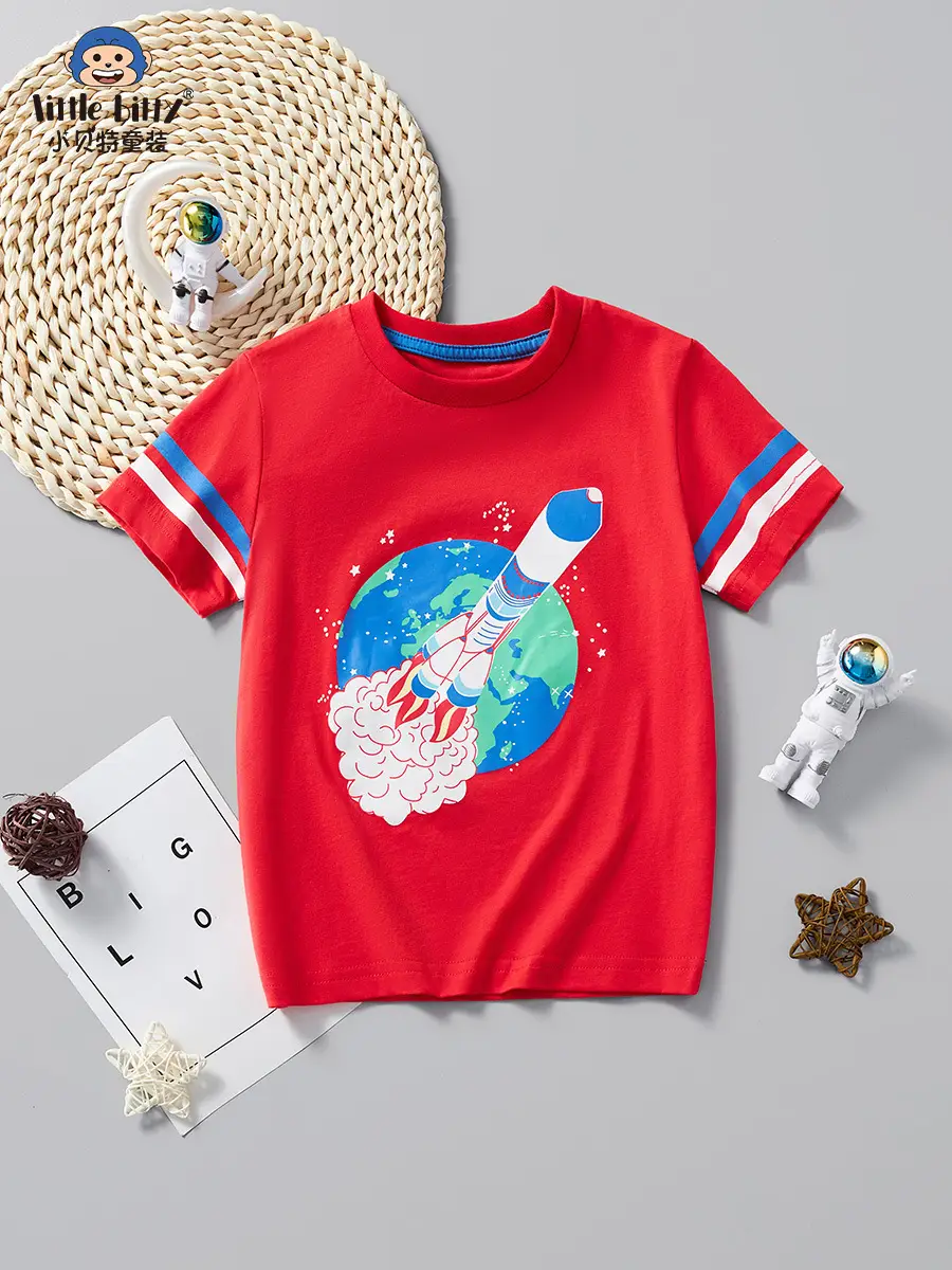 2025 Red Cartoon Print Kids T-Shirt Cotton Summer - Image 2