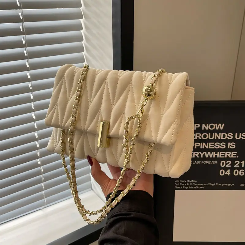 Women Pleated Chain Shoulder Bag Cream 2024