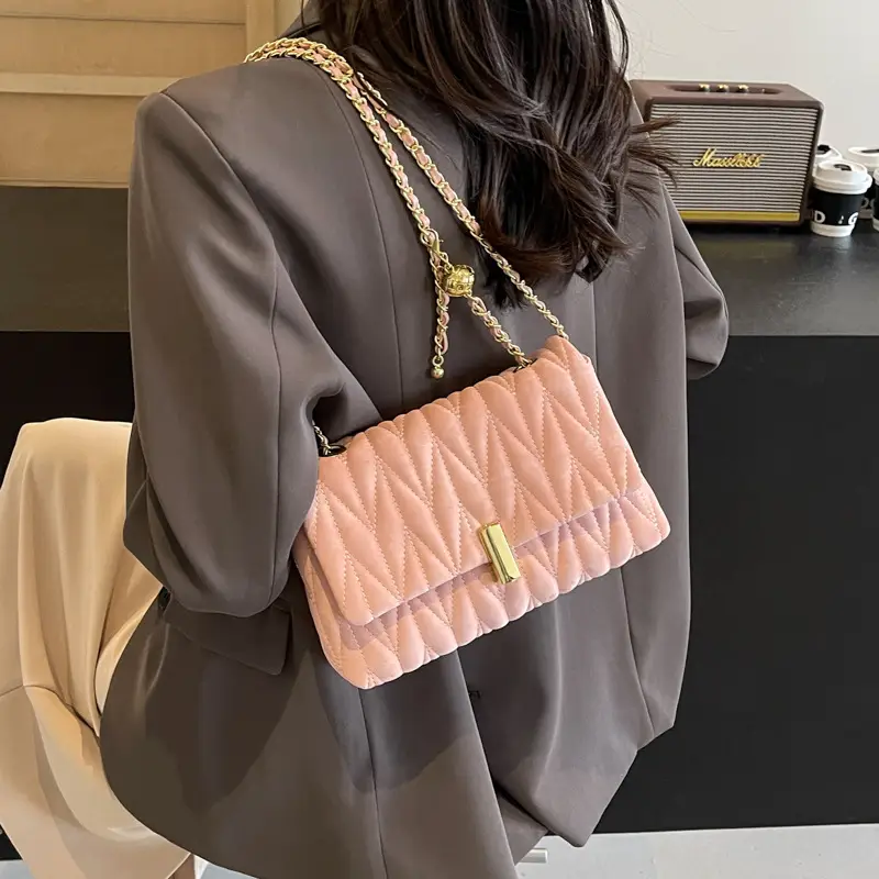 Women Pleated Chain Shoulder Bag Cream 2024