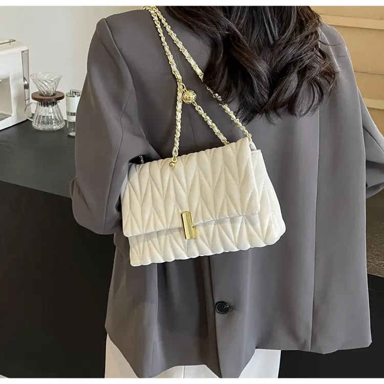 Women Pleated Chain Shoulder Bag Cream 2024 — feature 15