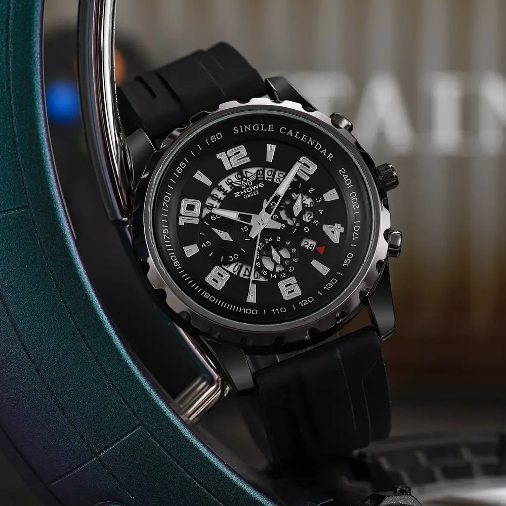 Men's Rose Gold Chronograph Watch with Black Strap