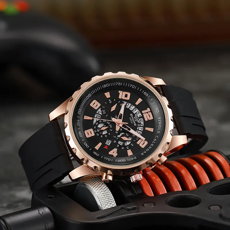 Men's Rose Gold Chronograph Watch with Black Strap