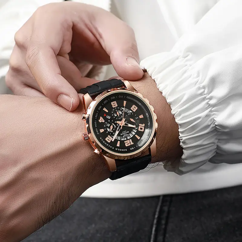 Men's Rose Gold Chronograph Watch with Black Strap