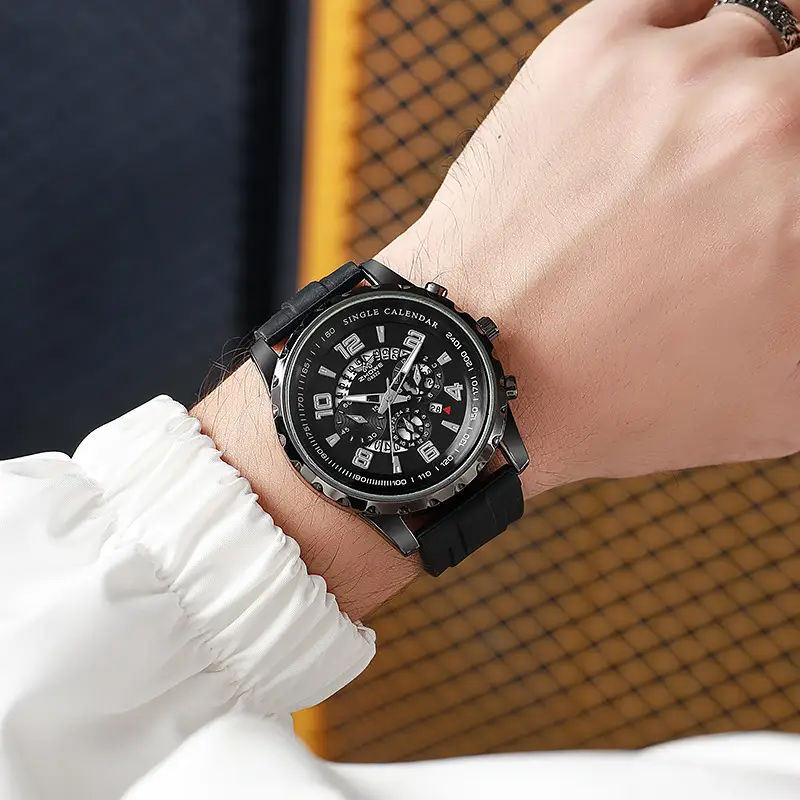 Men's Rose Gold Chronograph Watch with Black Strap