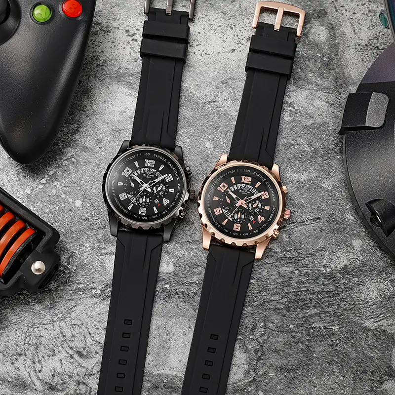 Men's Rose Gold Chronograph Watch with Black Strap — feature 2
