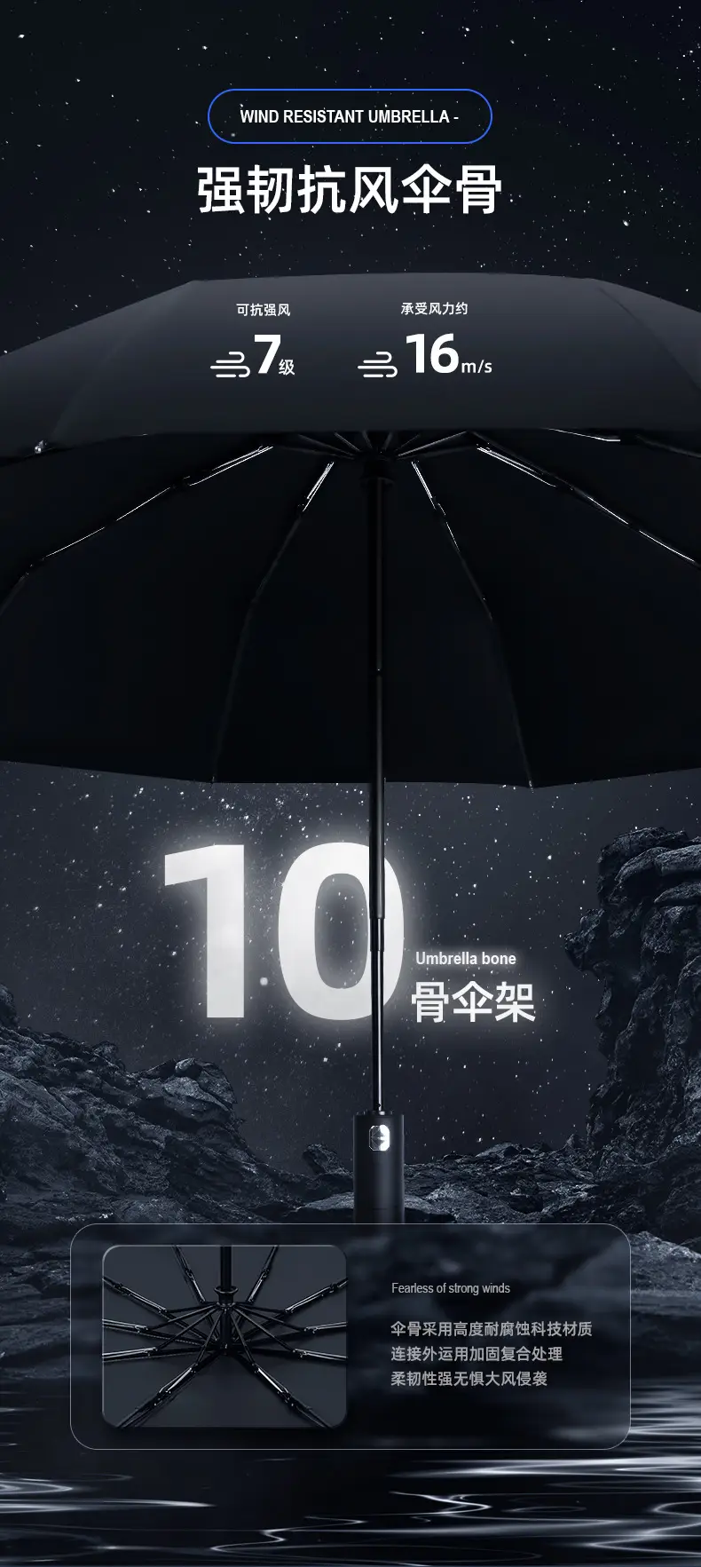 Adjustable Rotating LED Umbrella for Rain & Wind — feature 14